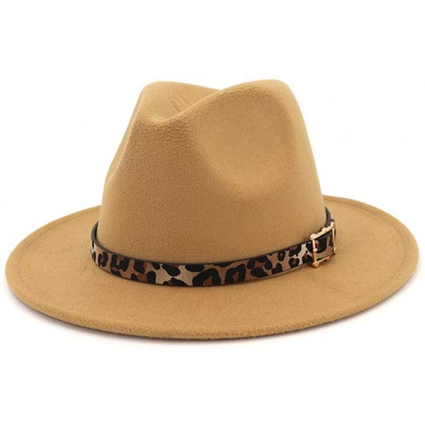 Fedoras Women's Wide Brim Felt Fedora Panama Hat with Leopard Belt Buckle - Camel - C418IZUSYLX $17.46