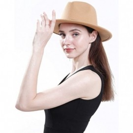 Fedoras Women's Wide Brim Felt Fedora Panama Hat with Leopard Belt Buckle - Camel - C418IZUSYLX $17.46