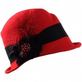 Bucket Hats Rhinestone Pendant Feather Band Accent Wool Felt Bucket Cloche Hat - Red - CR11P3HOZFN $30.43
