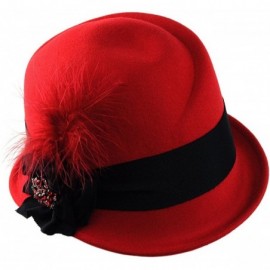 Bucket Hats Rhinestone Pendant Feather Band Accent Wool Felt Bucket Cloche Hat - Red - CR11P3HOZFN $15.40