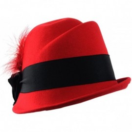 Bucket Hats Rhinestone Pendant Feather Band Accent Wool Felt Bucket Cloche Hat - Red - CR11P3HOZFN $15.40