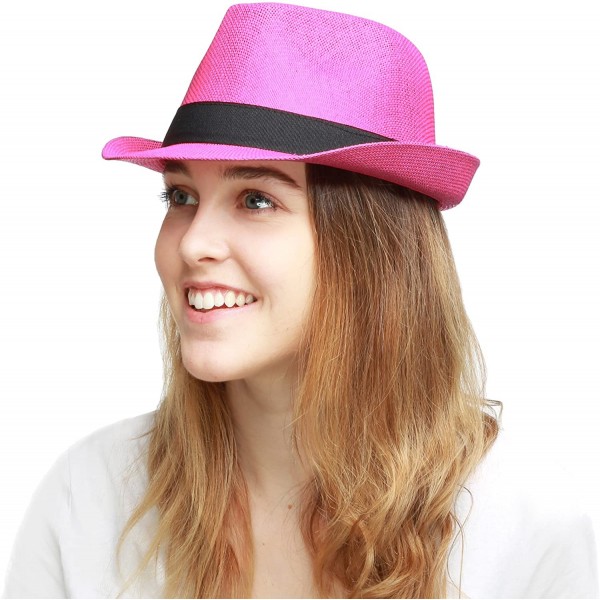 Fedoras Classic Unisex Summer Short Brim Straw Fedora Hat - Hot Pink - CT18C6E8ZX0 $10.19