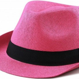 Fedoras Classic Unisex Summer Short Brim Straw Fedora Hat - Hot Pink - CT18C6E8ZX0 $10.19