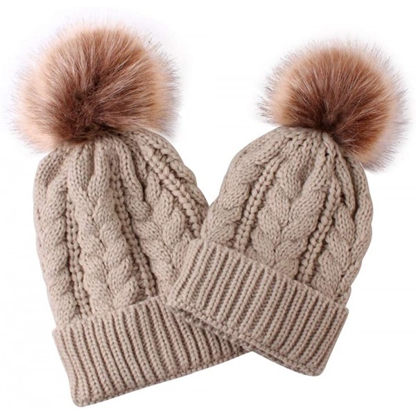 Skullies & Beanies Women Baby Kid Warm Winter Knit Wool Beanie Fur Pom Bobble Hat Crochet Cap - Khaki - C619242HYGH $13.11