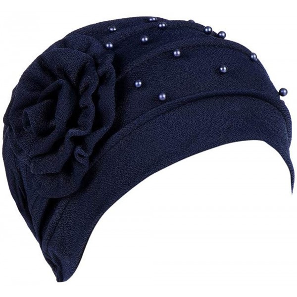 Newsboy Caps Women Beading India Hat Muslim Ruffle Cancer Chemo Beanie Floral Turban W - Navy - CJ18L0YAIO7 $11.48