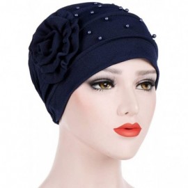 Newsboy Caps Women Beading India Hat Muslim Ruffle Cancer Chemo Beanie Floral Turban W - Navy - CJ18L0YAIO7 $11.48