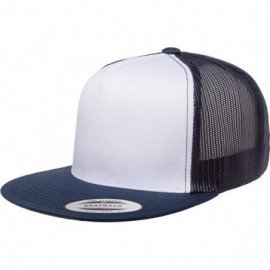 Baseball Caps Yupoong 6006 Flatbill Trucker Mesh Snapback Hat with NoSweat Hat Liner - White Front/Navy - CB18O8DIOOO $26.05
