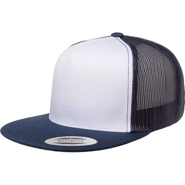 Baseball Caps Yupoong 6006 Flatbill Trucker Mesh Snapback Hat with NoSweat Hat Liner - White Front/Navy - CB18O8DIOOO $14.05