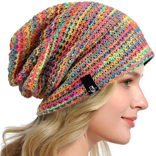 Berets Women's Slouchy Beanie Knit Beret Skull Cap Baggy Winter Summer Hat B08w - Pink/Yellow/Green - C518UTT5Y7I $11.08