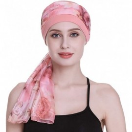 Berets Elegant Chemo Cap With Silky Scarfs For Cancer Women Hair Loss Sleep Beanie - Coral - CC18LXADAD4 $15.61