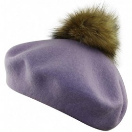 Berets Womens French Artist Wool Beret Fur Pompom Hats - Purple - CZ18KG04AYQ $15.64
