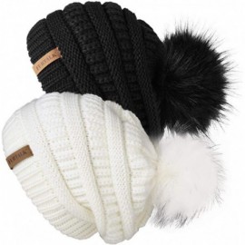 Skullies & Beanies Womens Winter Knit Slouchy Beanie Hat Skull Ski Cap Warm Faux Fur Pom Pom Beanies Hats for Women 2 Packs -...