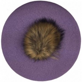 Berets Womens French Artist Wool Beret Fur Pompom Hats - Purple - CZ18KG04AYQ $15.64