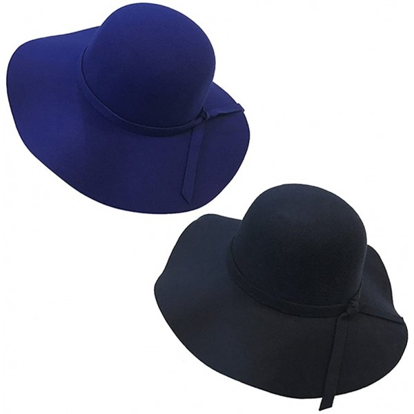 Sun Hats Vintage Women Ladies Wide Brim Floppy Warm Wool Blend Felt Hat Trilby Bowler Cap - 2 Pack Black+blue - CE12G73ZO33 $...