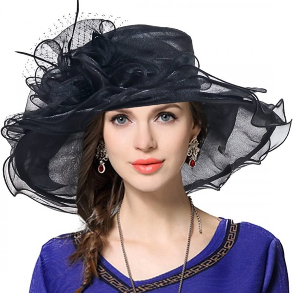 Sun Hats Women Church Derby Hat Wide Brim Wedding Dress Hat Tea Party HAT S019 - Black - CX12O6QRPPU $27.42