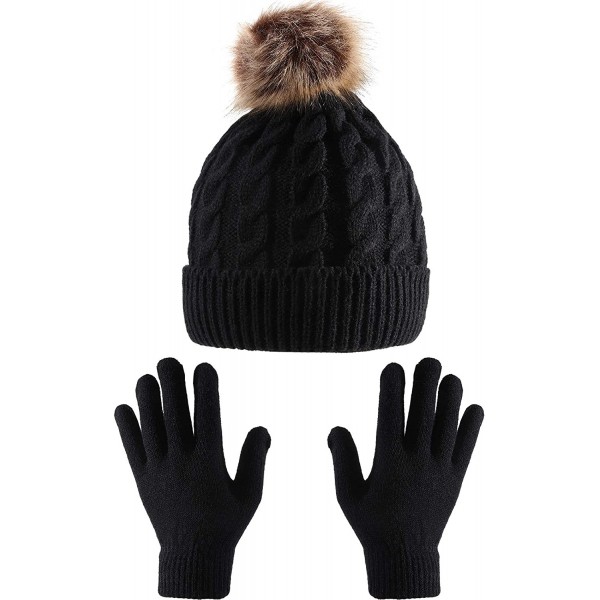 Skullies & Beanies Women's Winter Knitted Beanie Hat with Faux Fur Pom Slouchy Hat and Full Finger Knitted Gloves - Black Hat...
