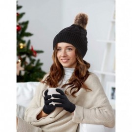 Skullies & Beanies Women's Winter Knitted Beanie Hat with Faux Fur Pom Slouchy Hat and Full Finger Knitted Gloves - Black Hat...