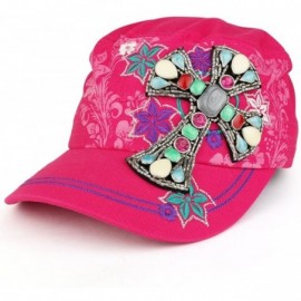 Baseball Caps Women's Floral Printed Jeweled Cross Stone Flat Top Style Flat Top Army Cap - Hot Pink - C1185NINT4C $30.69