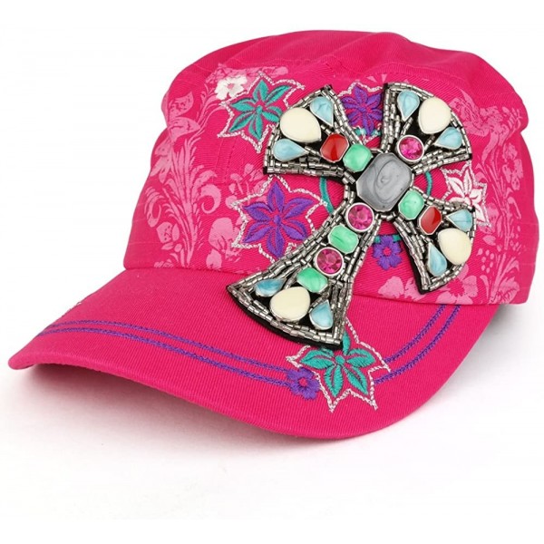 Baseball Caps Women's Floral Printed Jeweled Cross Stone Flat Top Style Flat Top Army Cap - Hot Pink - C1185NINT4C $14.13