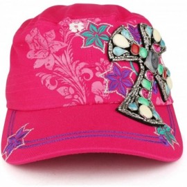 Baseball Caps Women's Floral Printed Jeweled Cross Stone Flat Top Style Flat Top Army Cap - Hot Pink - C1185NINT4C $14.13