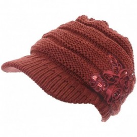 Skullies & Beanies Women's Knit Newsboy Hat with Satin Flower - Burgundy - C311QWRJ0WL $13.79