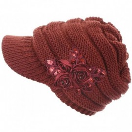 Skullies & Beanies Women's Knit Newsboy Hat with Satin Flower - Burgundy - C311QWRJ0WL $13.79