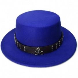 Fedoras Women Men Vintage 100% Wool Wide Brim Bowler Hat Skull Bead Leather Band (57cm/Adjust) - Blue - CV18ME7UADU $58.79