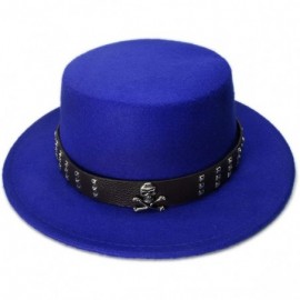 Fedoras Women Men Vintage 100% Wool Wide Brim Bowler Hat Skull Bead Leather Band (57cm/Adjust) - Blue - CV18ME7UADU $33.02