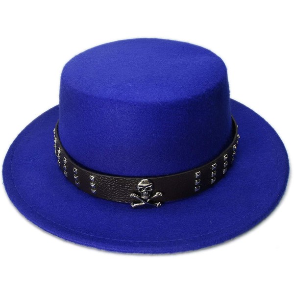 Fedoras Women Men Vintage 100% Wool Wide Brim Bowler Hat Skull Bead Leather Band (57cm/Adjust) - Blue - CV18ME7UADU $33.02