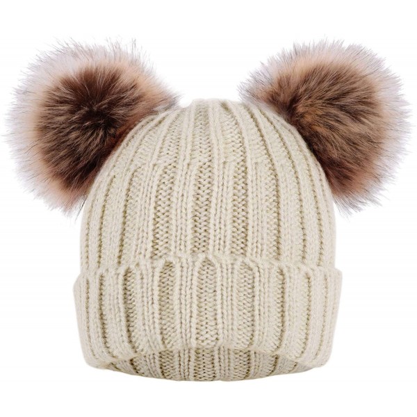 Skullies & Beanies Women's Winter Knitted Faux Fur Double Pom Pom Beanie Hat w/Lush Lining - Beige Hat Coffee Ball - C918KCWU...