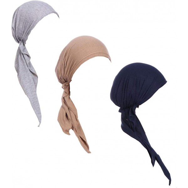 Skullies & Beanies 3Pack Women's Beanie Chemo Hat Cap Pre-Tied Cancer Headscarf - Gray Khaki Navy Blue - CQ196XNN7U7 $14.65