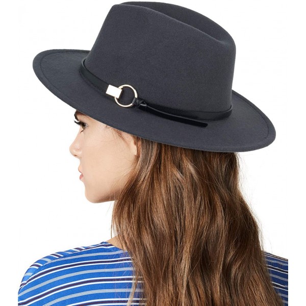 Fedoras Women Gold Belt Buckle Wool Felt Fedora Hat Winter Fashion Dress Panama Hat - Dark Grey - CM18IE5TLAQ $17.48