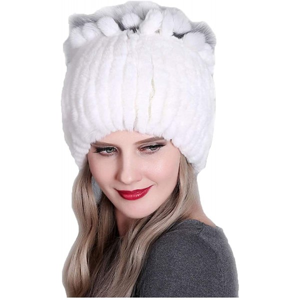 Skullies & Beanies Fur Hat Real Rex Rabbit Fur and Silver Fox Fur Top Flower Shape Cap Women Elastic Winter Warm - White - CT...