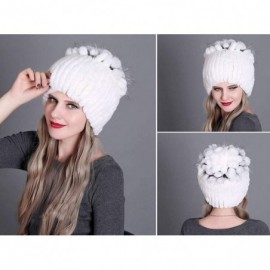 Skullies & Beanies Fur Hat Real Rex Rabbit Fur and Silver Fox Fur Top Flower Shape Cap Women Elastic Winter Warm - White - CT...