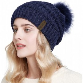Skullies & Beanies Womens Winter Knit Slouchy Beanie Hat Warm Skull Ski Cap Faux Fur Pom Pom Hats for Girls Navy Blue - C318A...