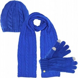 Skullies & Beanies Cable Knit 3 Piece Beanie Hat Texting Gloves & Matching Scarf Set - Royal Blue - CH127O6JUOB $28.13