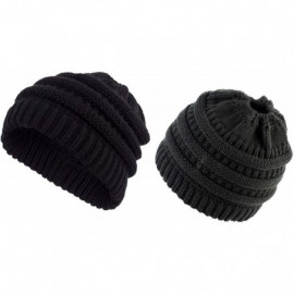 Skullies & Beanies 2 Pack of Women Beanie Trendy Ponytail Messy Bun Beanie Soft Warm Knitting Solid Ribbed Hat - Black+grey -...