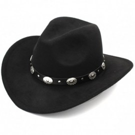 Cowboy Hats Womem Men Wool Blend Western Cowboy Hat Wide Brim Cowgirl Jazz Cap Leather Band - Black - CA186I9Z8X7 $26.02
