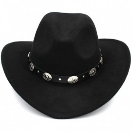 Cowboy Hats Womem Men Wool Blend Western Cowboy Hat Wide Brim Cowgirl Jazz Cap Leather Band - Black - CA186I9Z8X7 $23.80