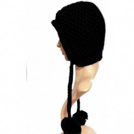 Skullies & Beanies Women Hat Handmade Crochet Braided Pompom Beanie Knit Caps Warm Winter - Black - CD189X3ASQN $12.23