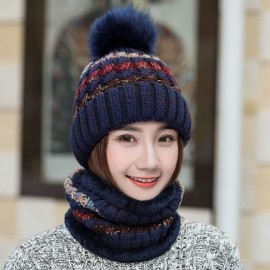 Skullies & Beanies 2 Pcs Knitted Hat Scarf Set for Women Winter Warm Fleece Lined Beanie Hat Ski Hat with Pompom - Blue - CV1...