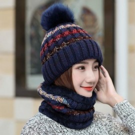 Skullies & Beanies 2 Pcs Knitted Hat Scarf Set for Women Winter Warm Fleece Lined Beanie Hat Ski Hat with Pompom - Blue - CV1...