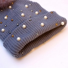 Skullies & Beanies Knitted Hats Beanie Hat Beading Beanie Warm Soft Casual Beanies Hats with Pompom - Light Gray - CN1920QE5M...