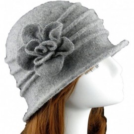 Fedoras Women 100% Wool Solid Color Round Top Cloche Beret Cap Flower Fedora Hat - 3 Light Grey - CV186WY26NW $16.58