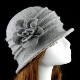 Fedoras Women 100% Wool Solid Color Round Top Cloche Beret Cap Flower Fedora Hat - 3 Light Grey - CV186WY26NW $16.58