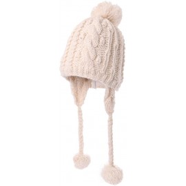 Skullies & Beanies Women Cable Knit Peruvian Beanie Wool Winter Hat Cap with Earflap Pom New - 16203_beige - CN12N27QBJI $19.76