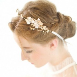 Headbands Bridal Headband Gold Leaf Themed Crystal Pearl Wedding Hair Accessories - CL12BCTF383 $19.66