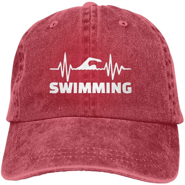 Baseball Caps Unisex Baseball Cap Denim Fabric Hat Heartbeat Swimmer Adjustable Snapback Cricket Cap - Red - CV18S9RAT7U $12.33