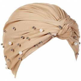 Skullies & Beanies Women Muslim Turban Pearl Hat Bonnet Hijab Headscarf Islamic Chemo Cap - Khaki - CH18RZXHEW9 $11.73
