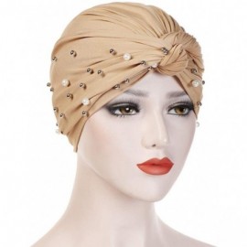 Skullies & Beanies Women Muslim Turban Pearl Hat Bonnet Hijab Headscarf Islamic Chemo Cap - Khaki - CH18RZXHEW9 $11.73